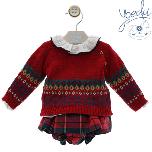 Conjunto bebé niña tres piezas greca rojo