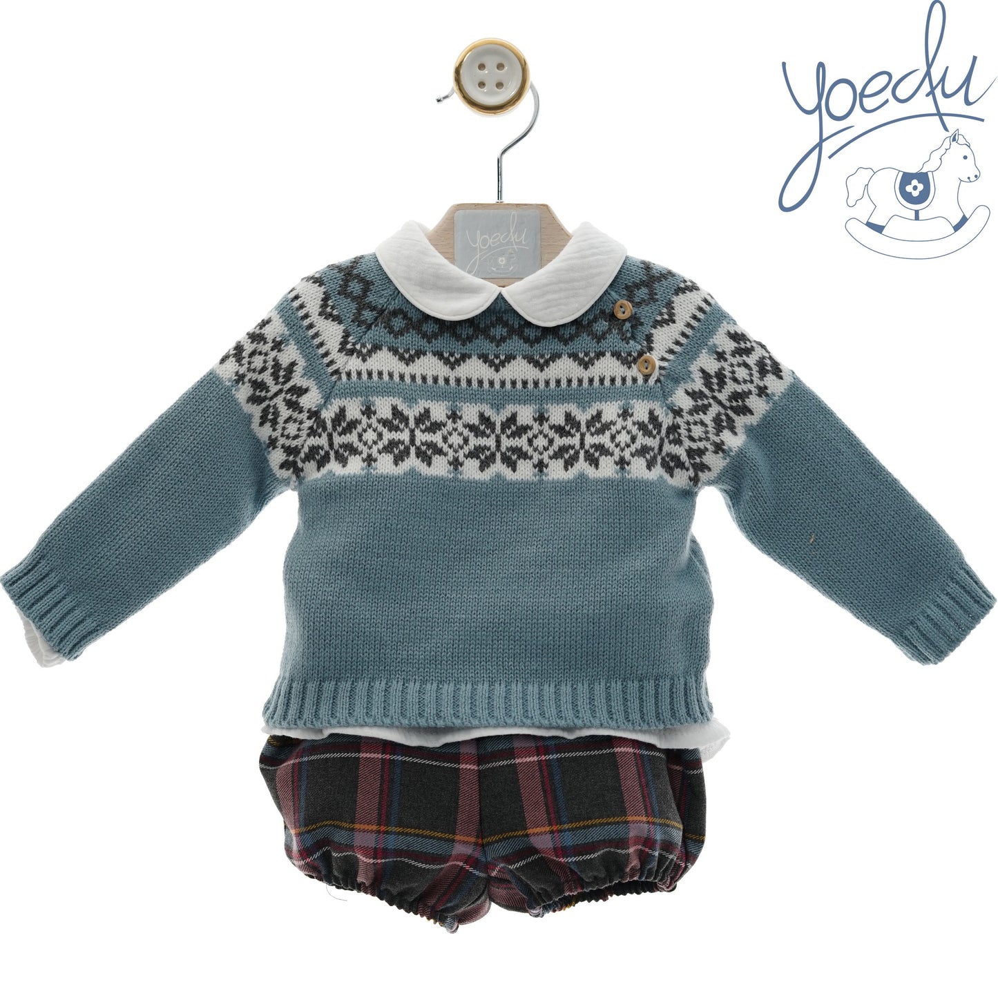 Conjunto bebé tres piezas greca turquesa