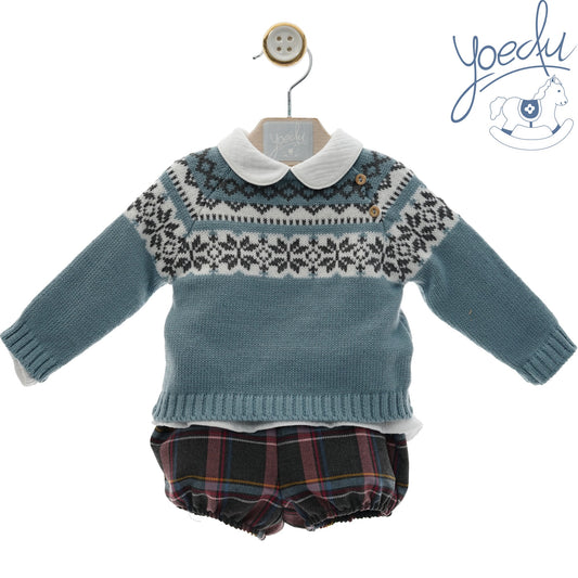 Conjunto bebé tres piezas greca turquesa