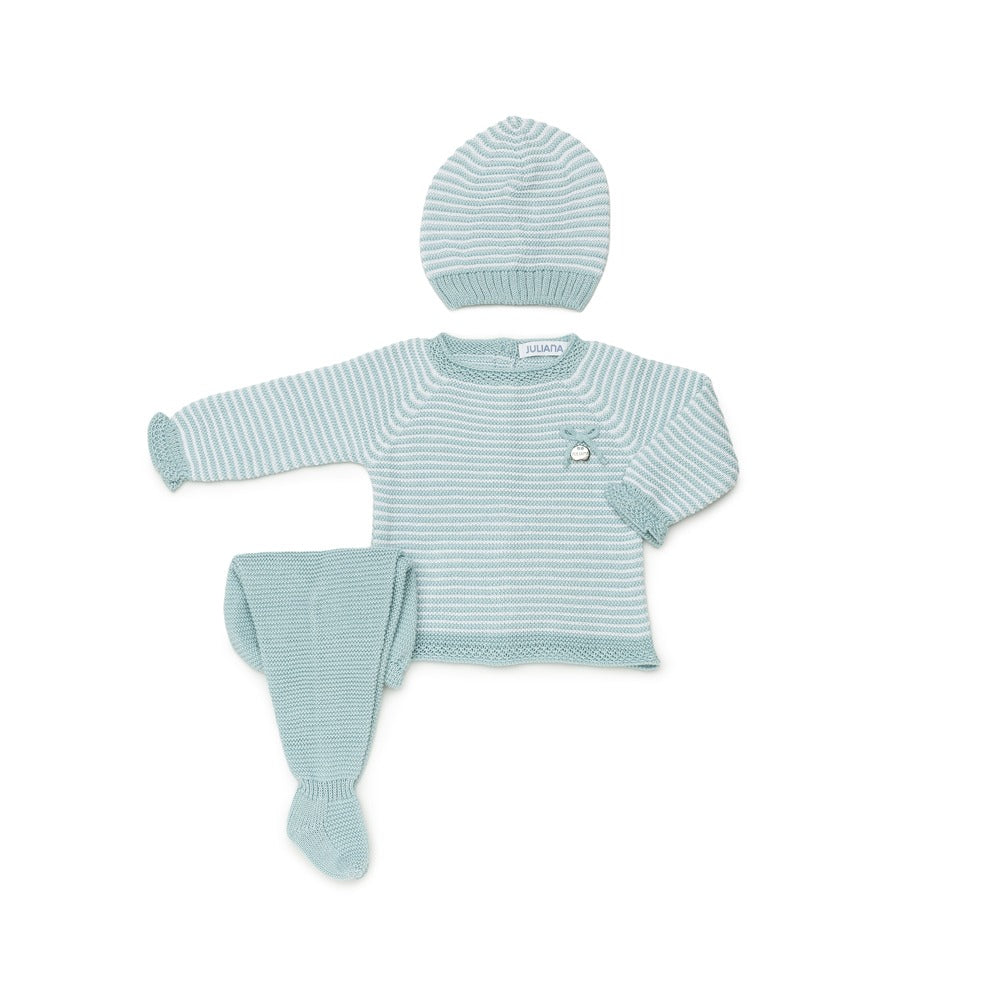 Conjunto de tres piezas a rayas en dos tonos y gorrito