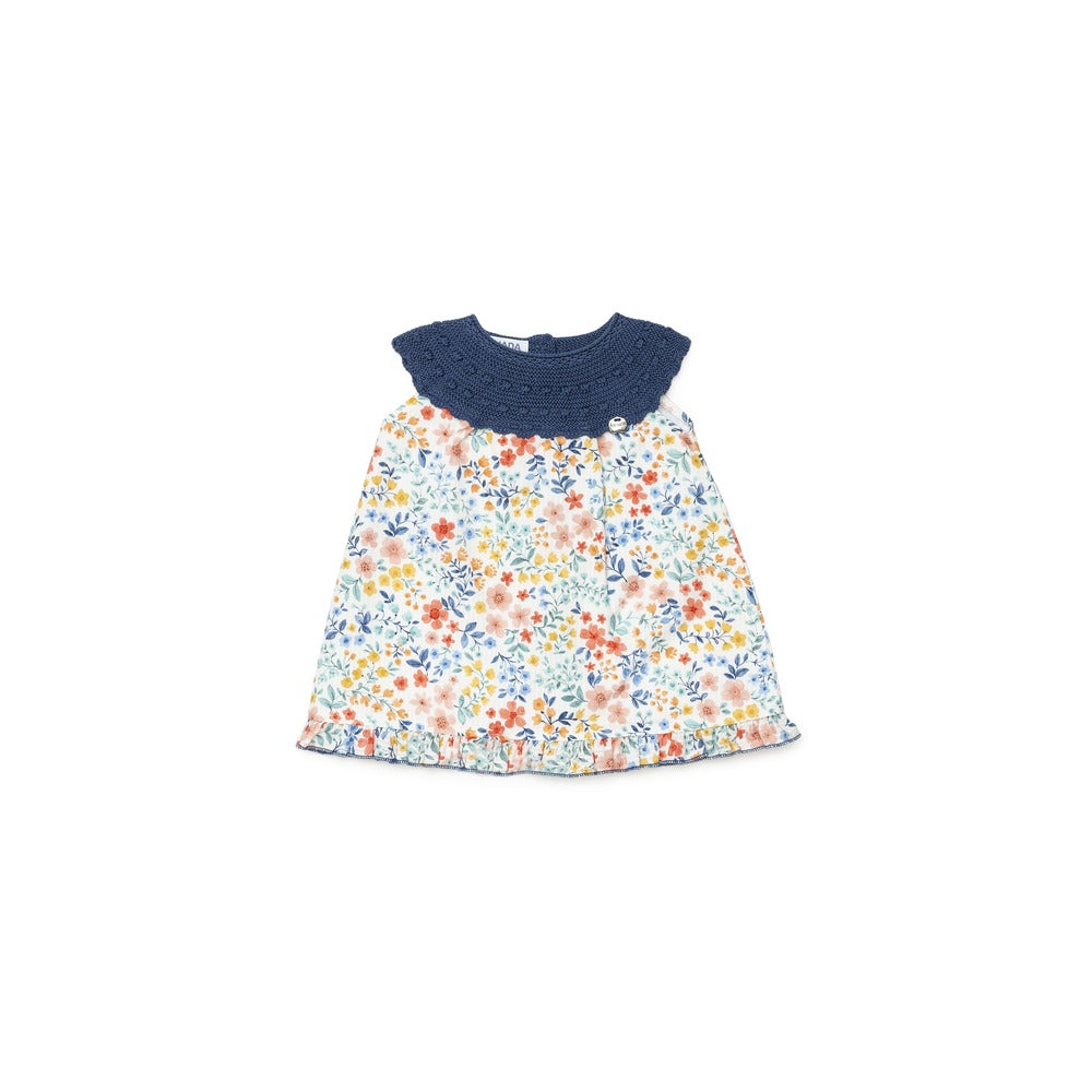 Vestido con cuello redondo de punto azul noche y tejido de flores