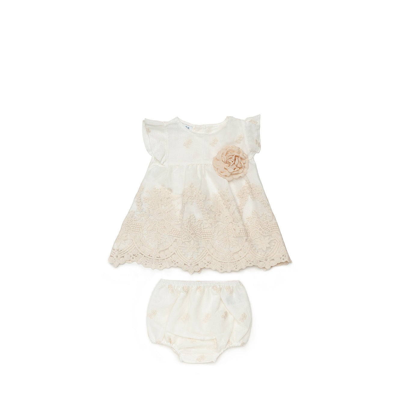Vestido corto con braguita y encajes, tono crudo