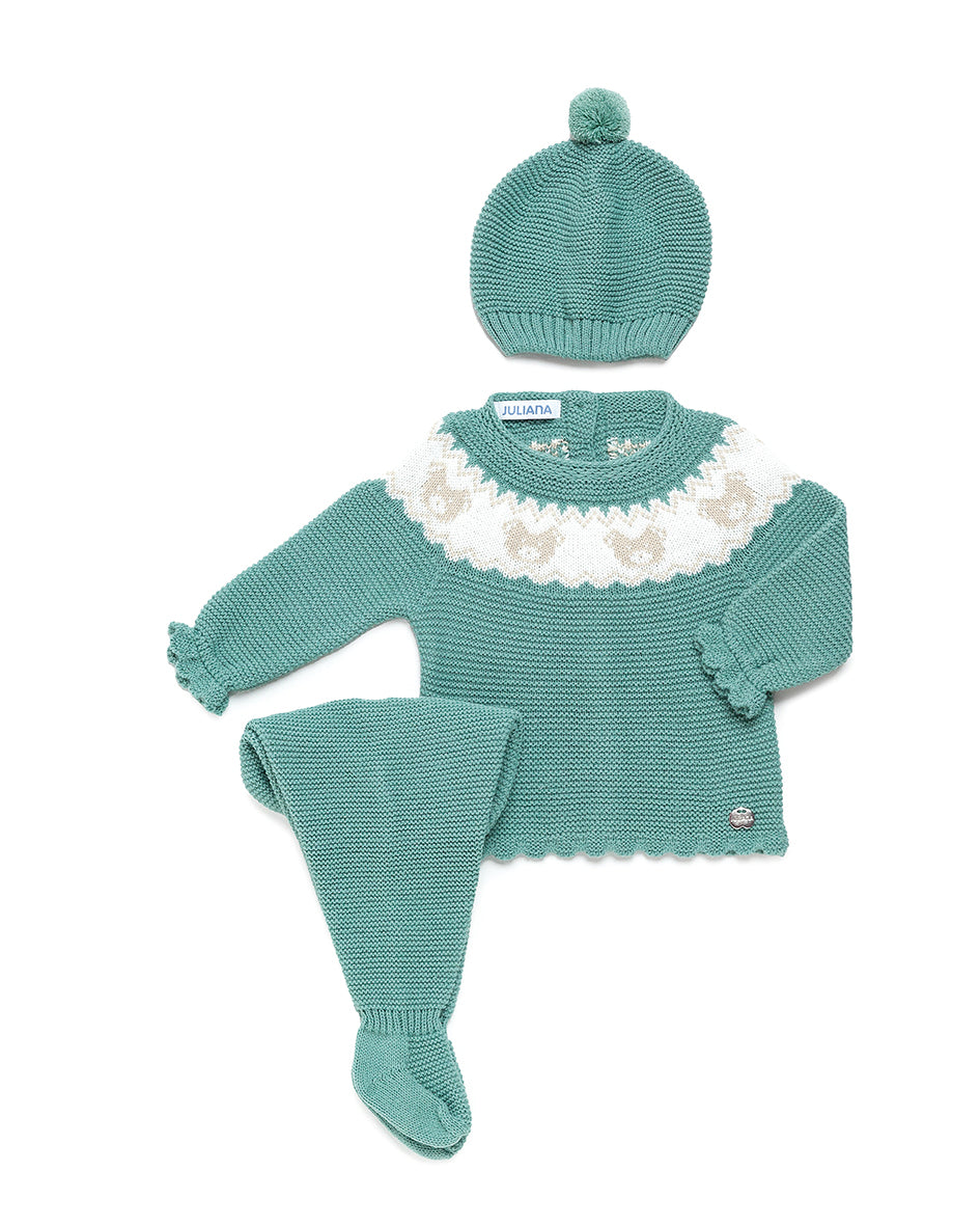 Conjunto de polaina tres piezas lin con canesú de ositos