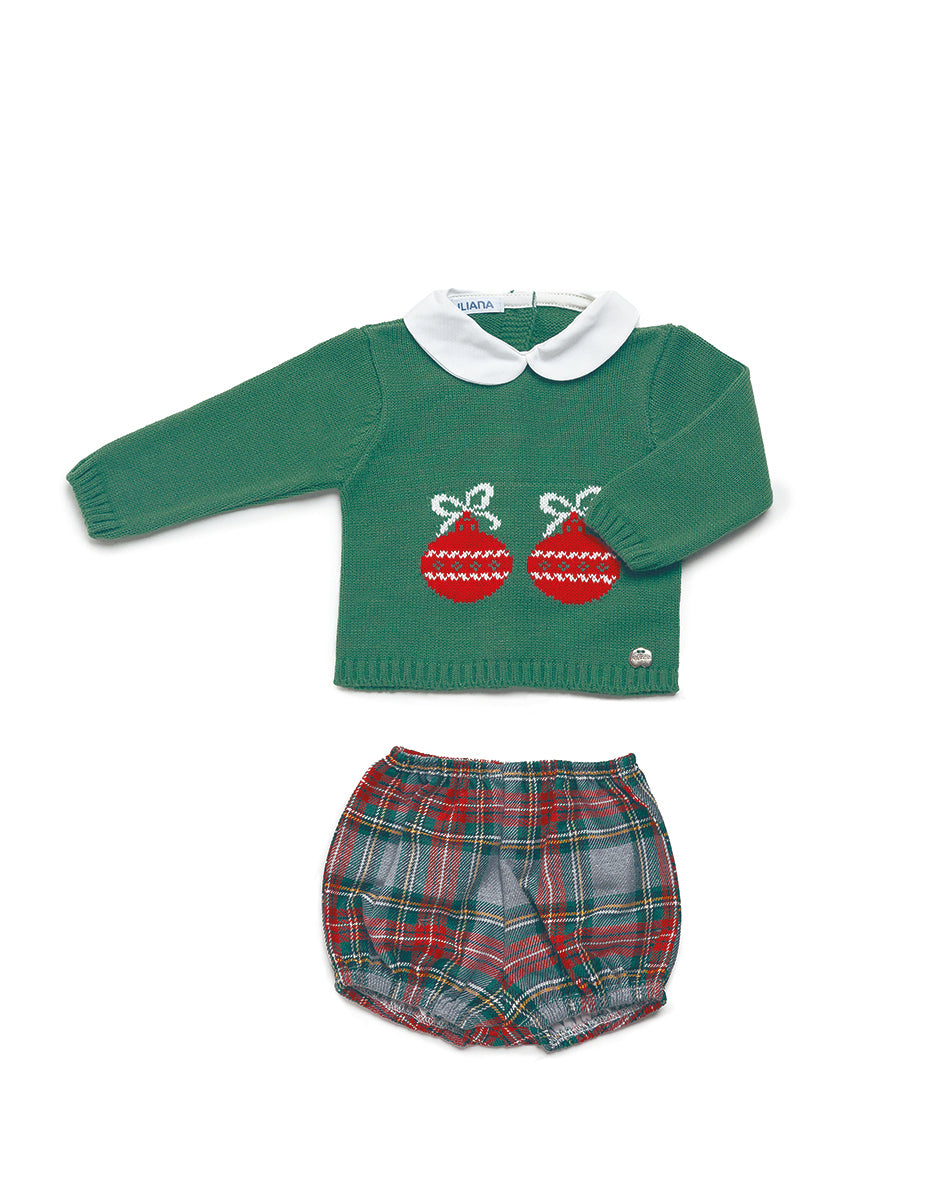 Conjunto de niño con pantalón a cuadros y jersey con bolas de navidad (no incluye gorro)