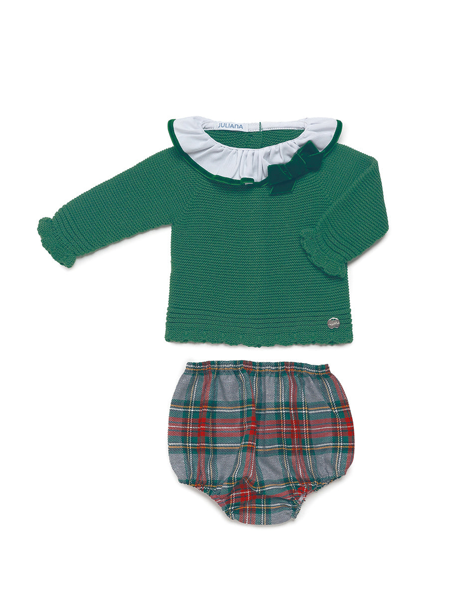 Conjunto de niña con braguita con volante de cuadros y jersey verde