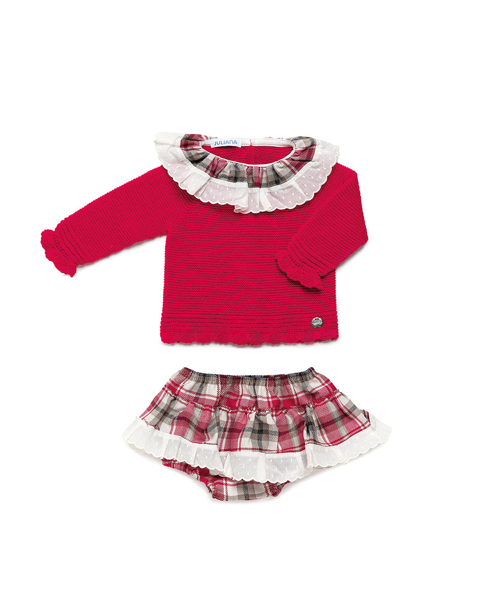 Conjunto de niña con braguita falda de cuadritos y puntila