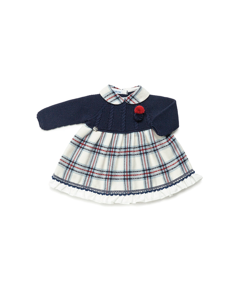 Vestido cuerpo lanita en azul marino y tela de cuadros