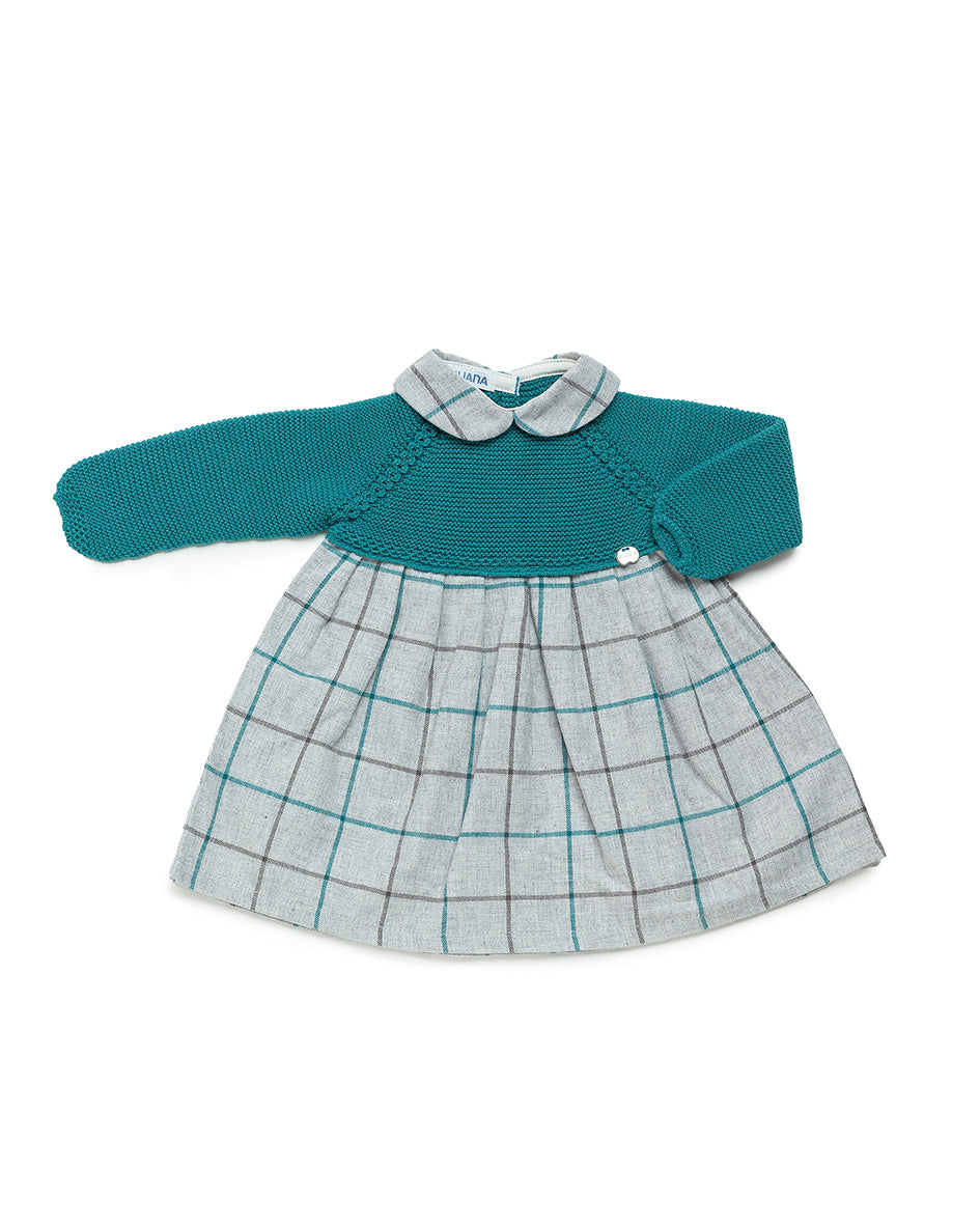 Vestido cuerpo lanita en verde báltico y cuadros