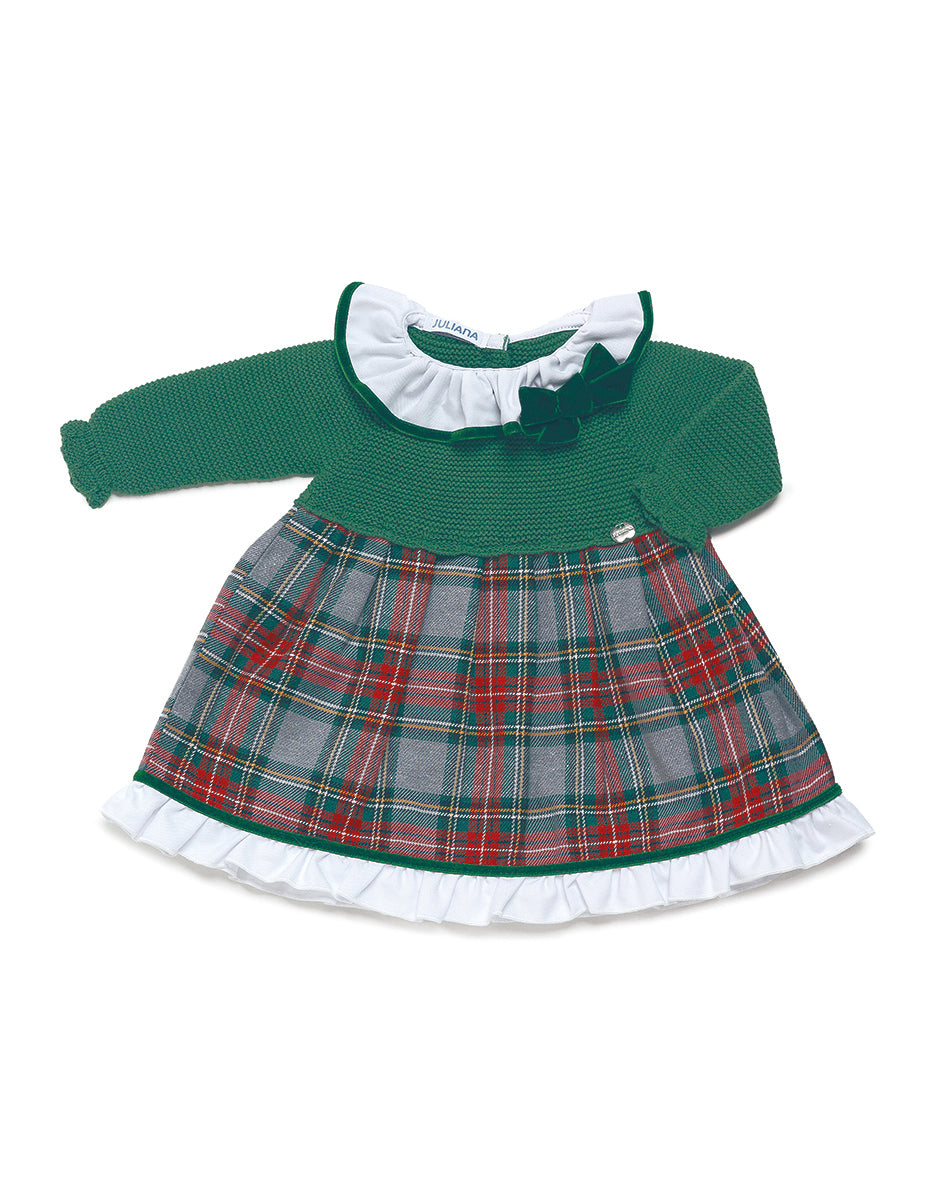 Vestido cuerpo lanita en verde musgo y tela de cuadros