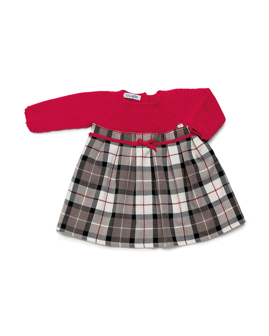 Vestido cuerpo lanita en rojo con tela de cuadros y lazo de terciopelo