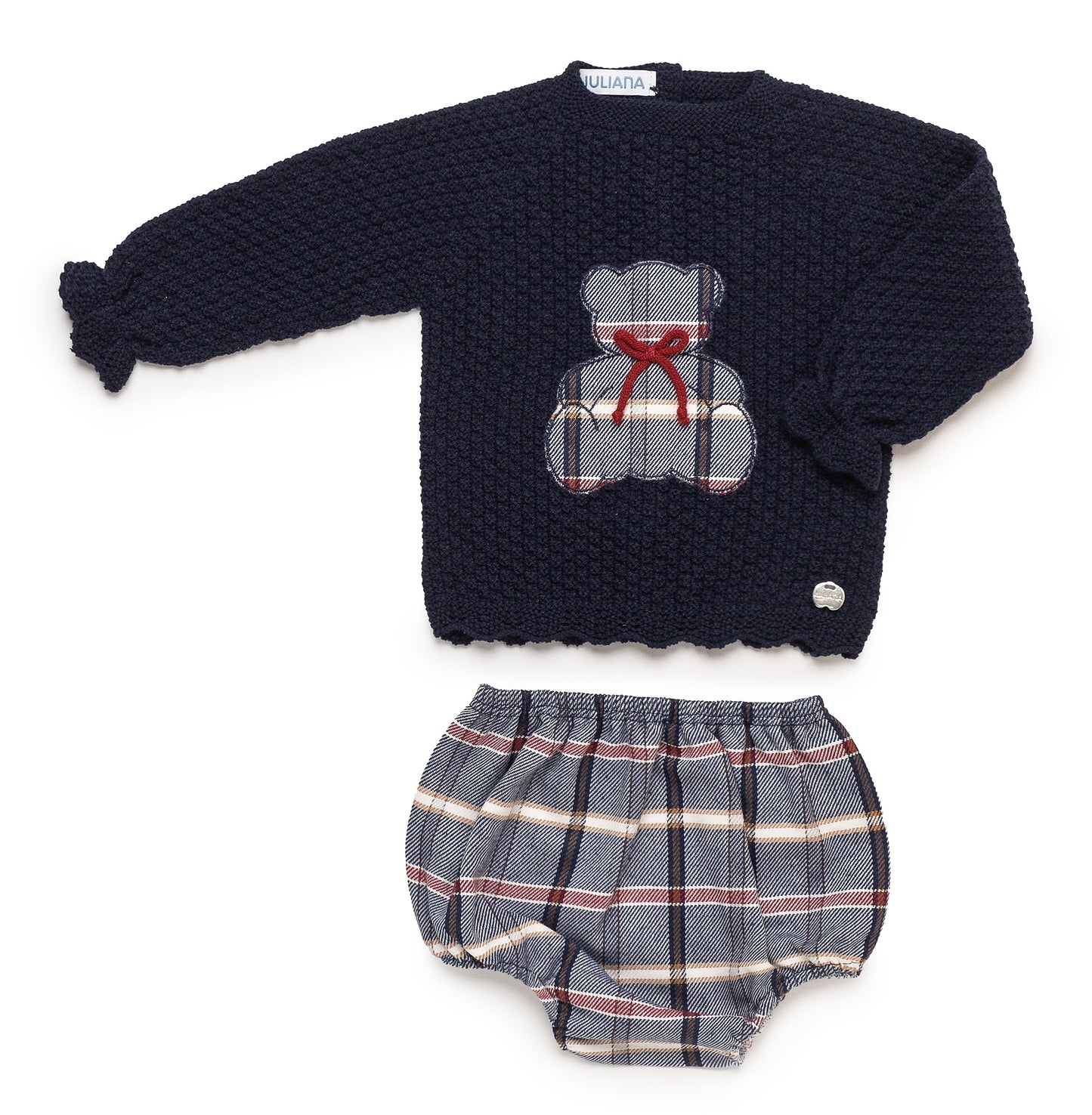 Conjunto azul marino con osito y braguita de cuadros