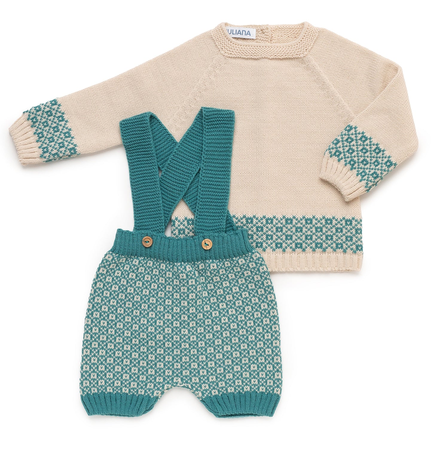 Peto de punto en verde báltico con jersey en crema (no incluye gorro)