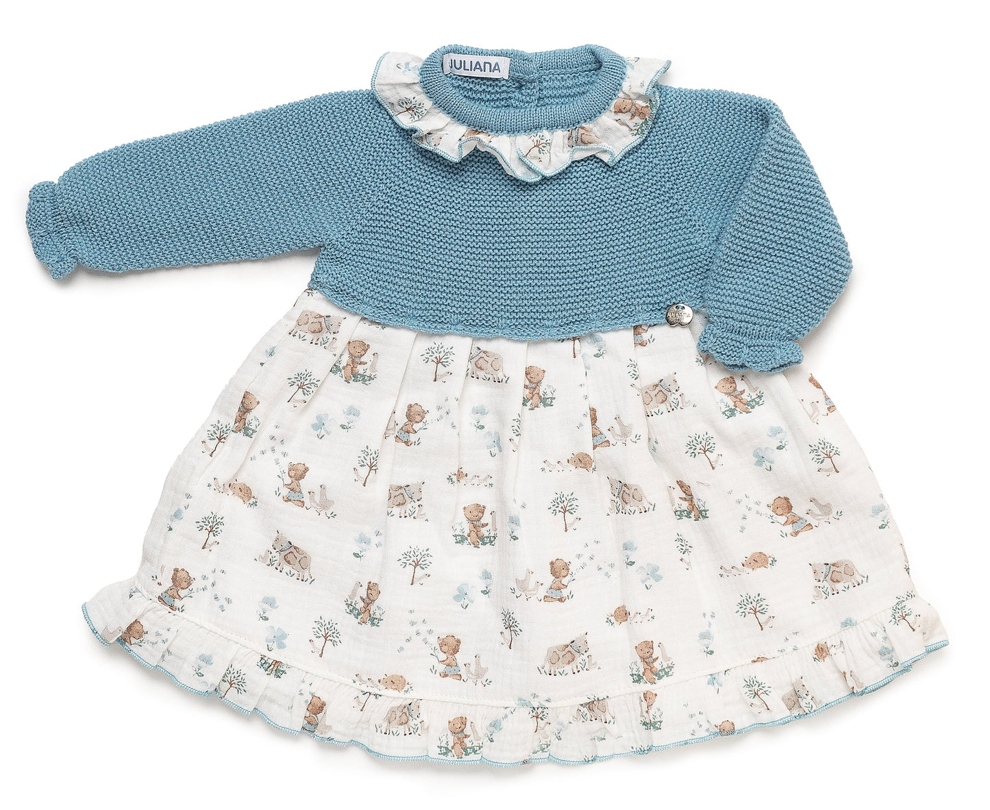 Vestido de punto azul nube y estampado de animalitos