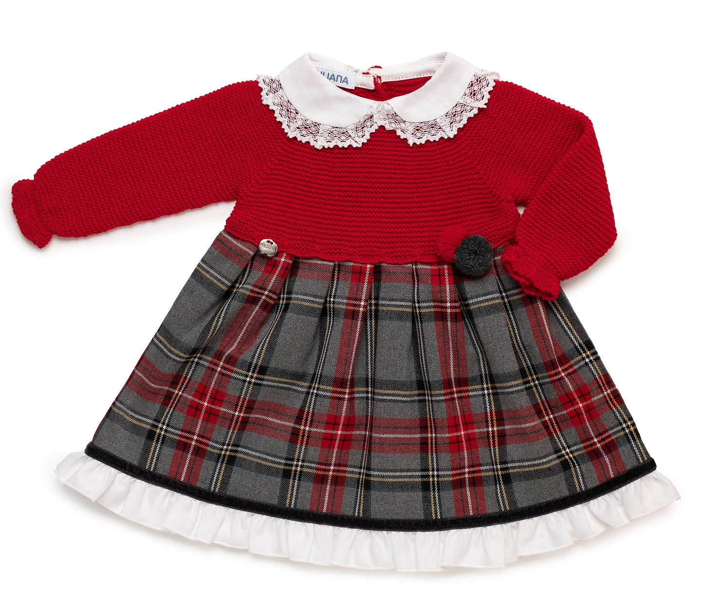 Vestido de punto rojo con falda de cuadros