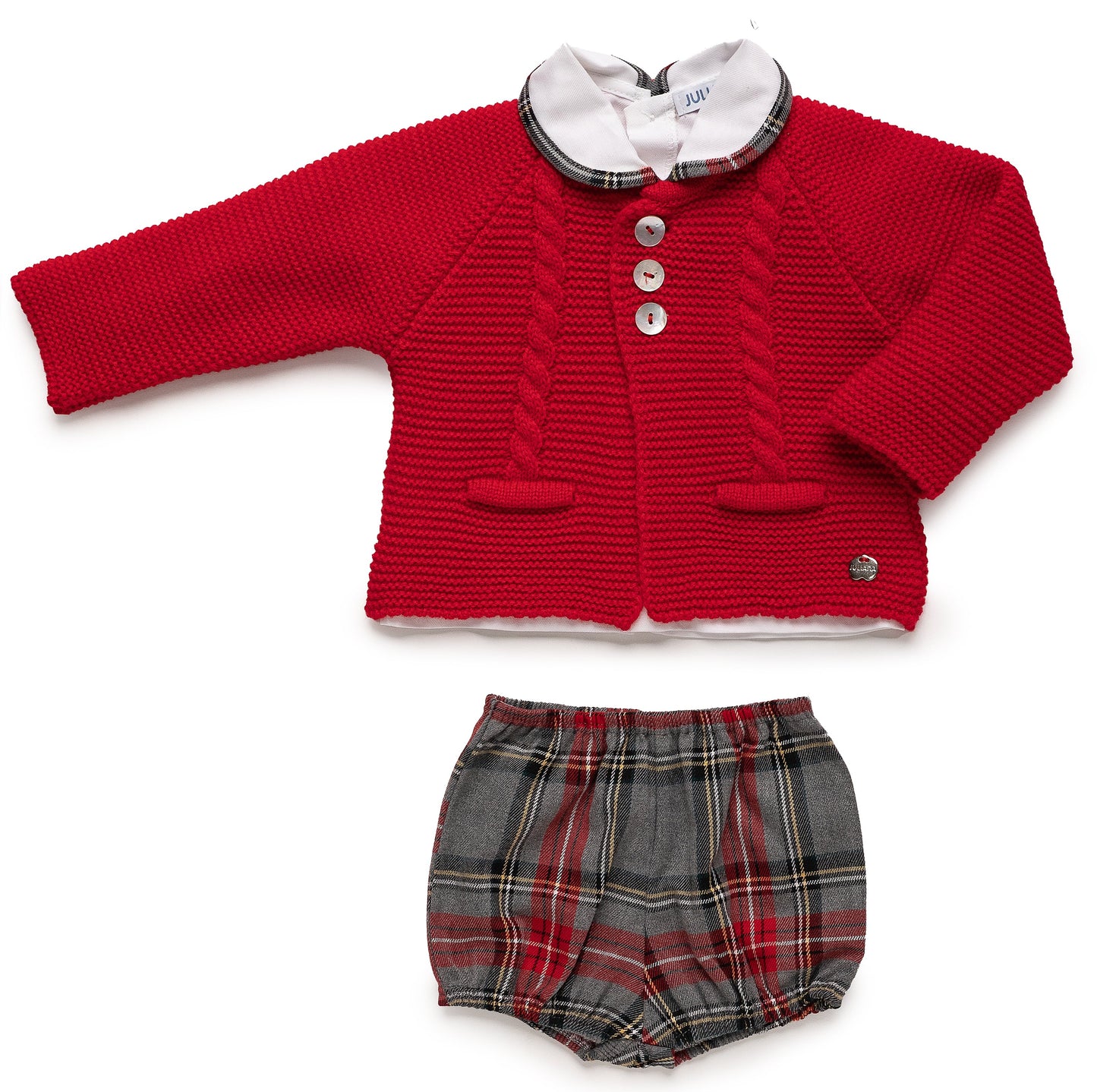 Conjunto rojo con chaqueta y pantalón de cuadros