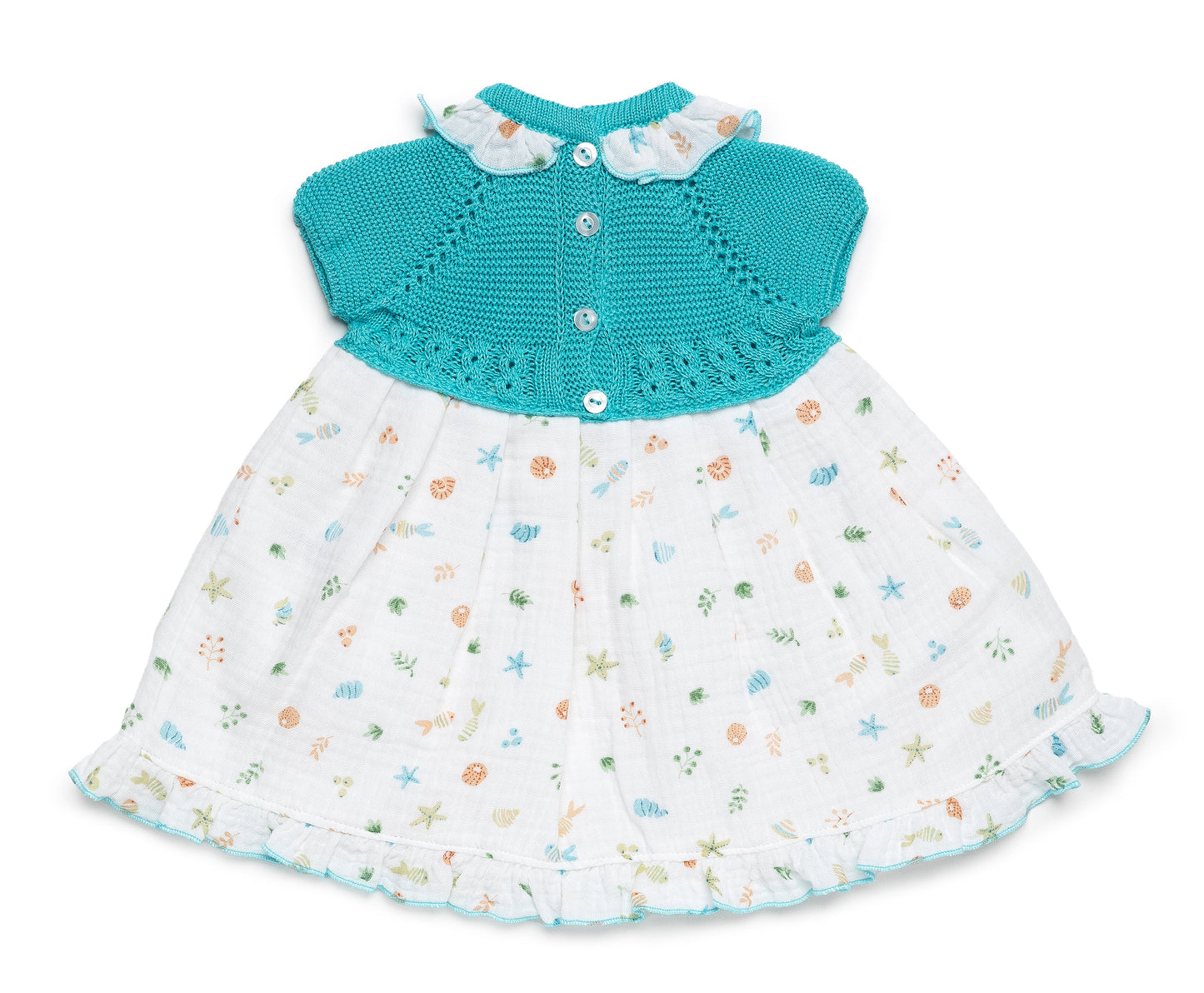 Vestido cuerpo de punto turquesa y tela de mar