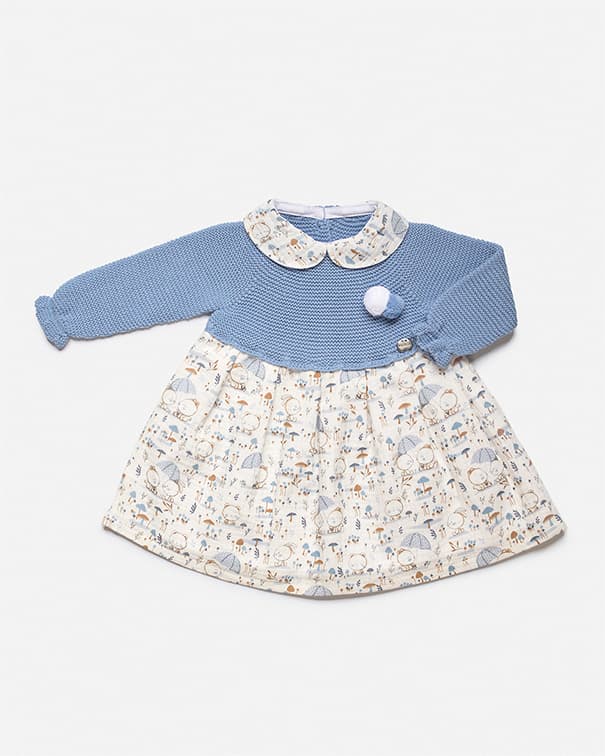 Vestido de cuerpo de punto azul y tela de animalitos