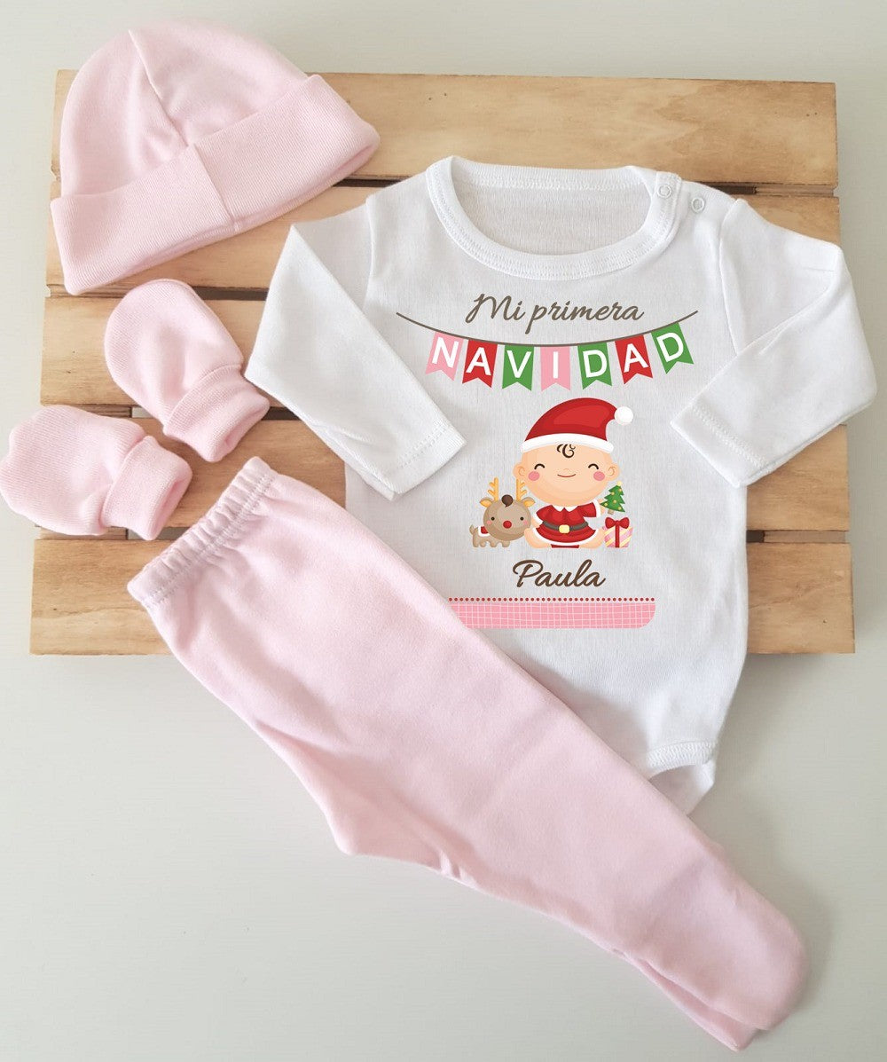 Conjunto con polaina, gorrito y manoplas - Bebé mi primera navidad