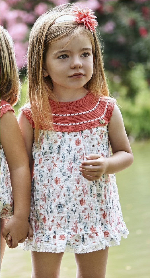 Vestido cuerpo de punto con tela de caballitos de mar