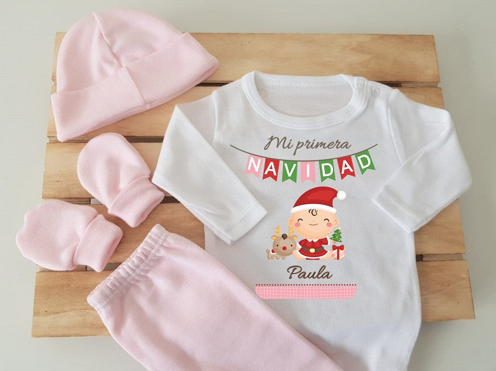 Conjunto con polaina, gorrito y manoplas - Bebé mi primera navidad