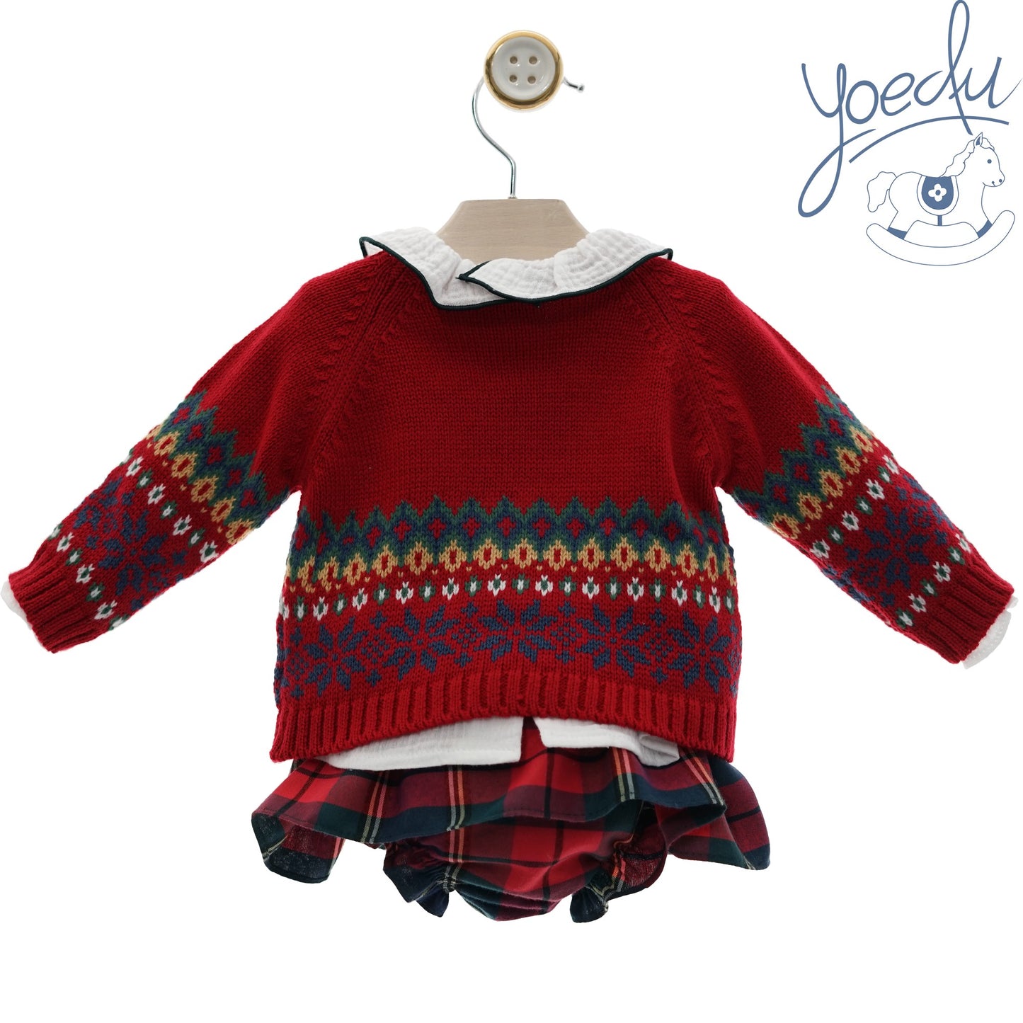 Conjunto bebé niña tres piezas greca rojo