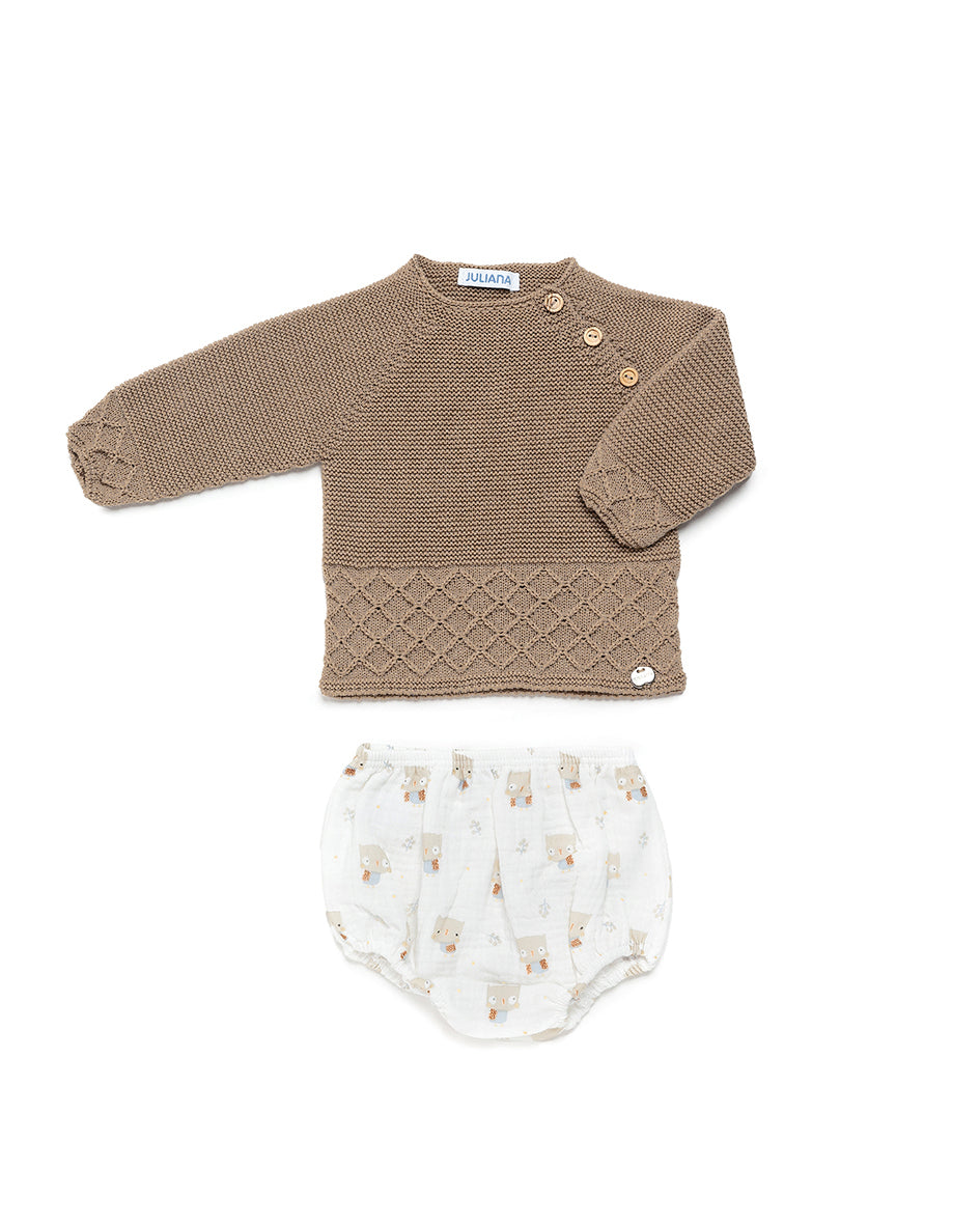 Conjunto de niño con pantalón de búhos y jersey camel