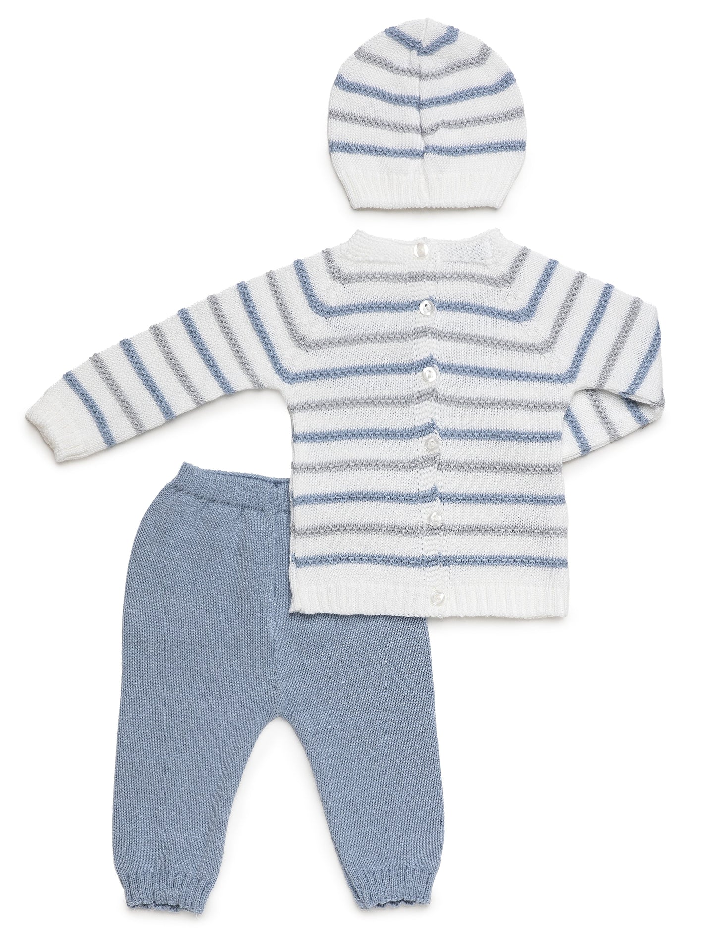 Conjunto de tres piezas a rayas blanco, azul cielo y perla