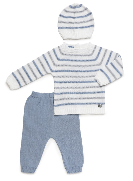 Conjunto de tres piezas a rayas blanco, azul cielo y perla