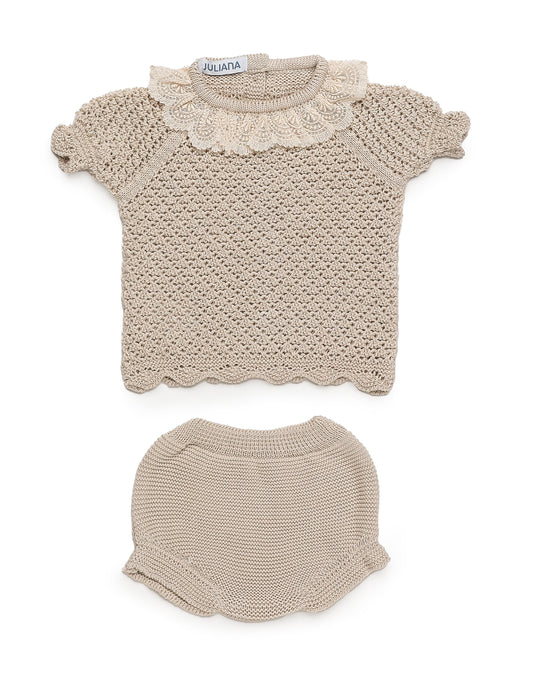 Conjunto con braguita punto calado y puntilla CREMA