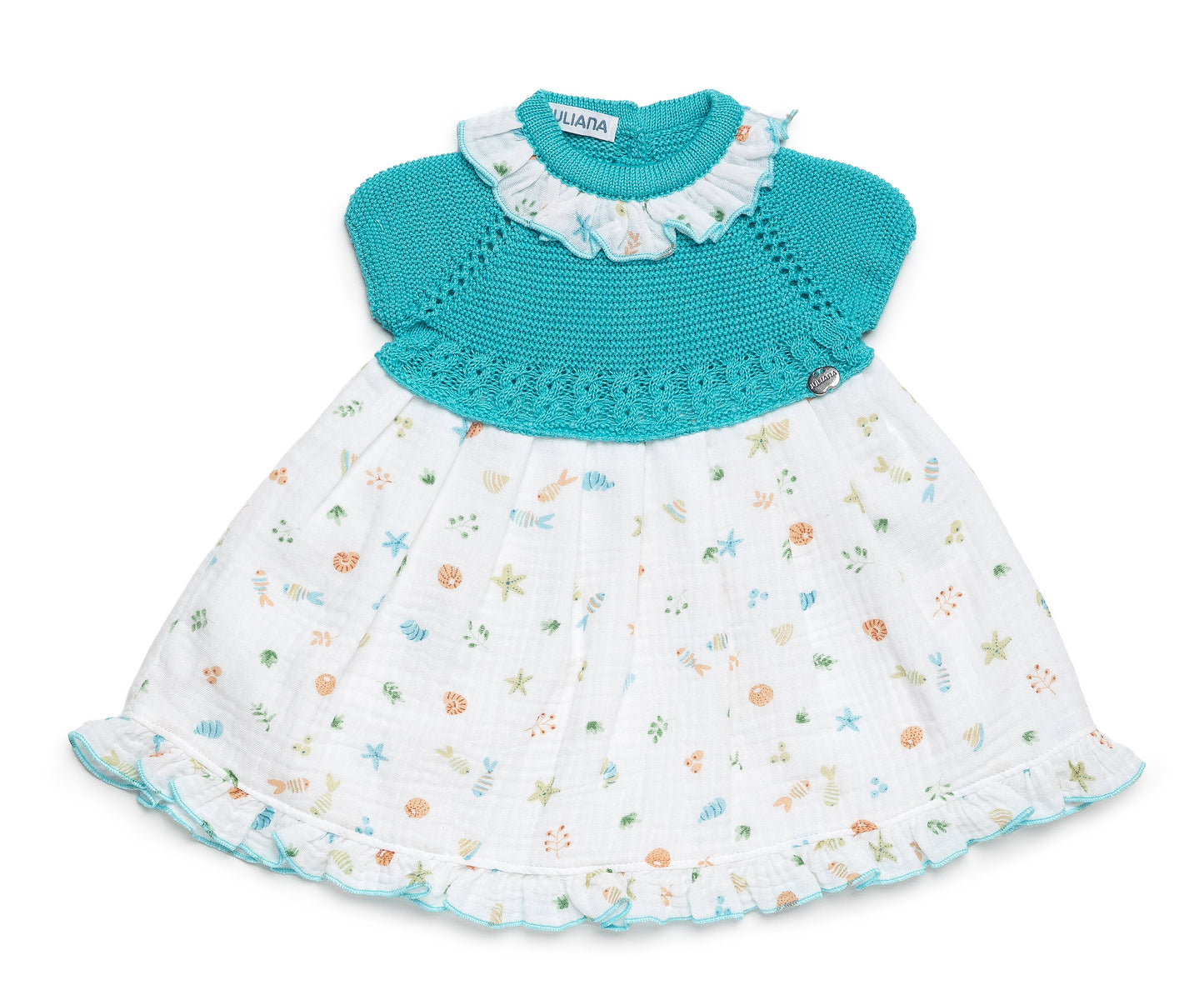 Vestido cuerpo de punto turquesa y tela de mar