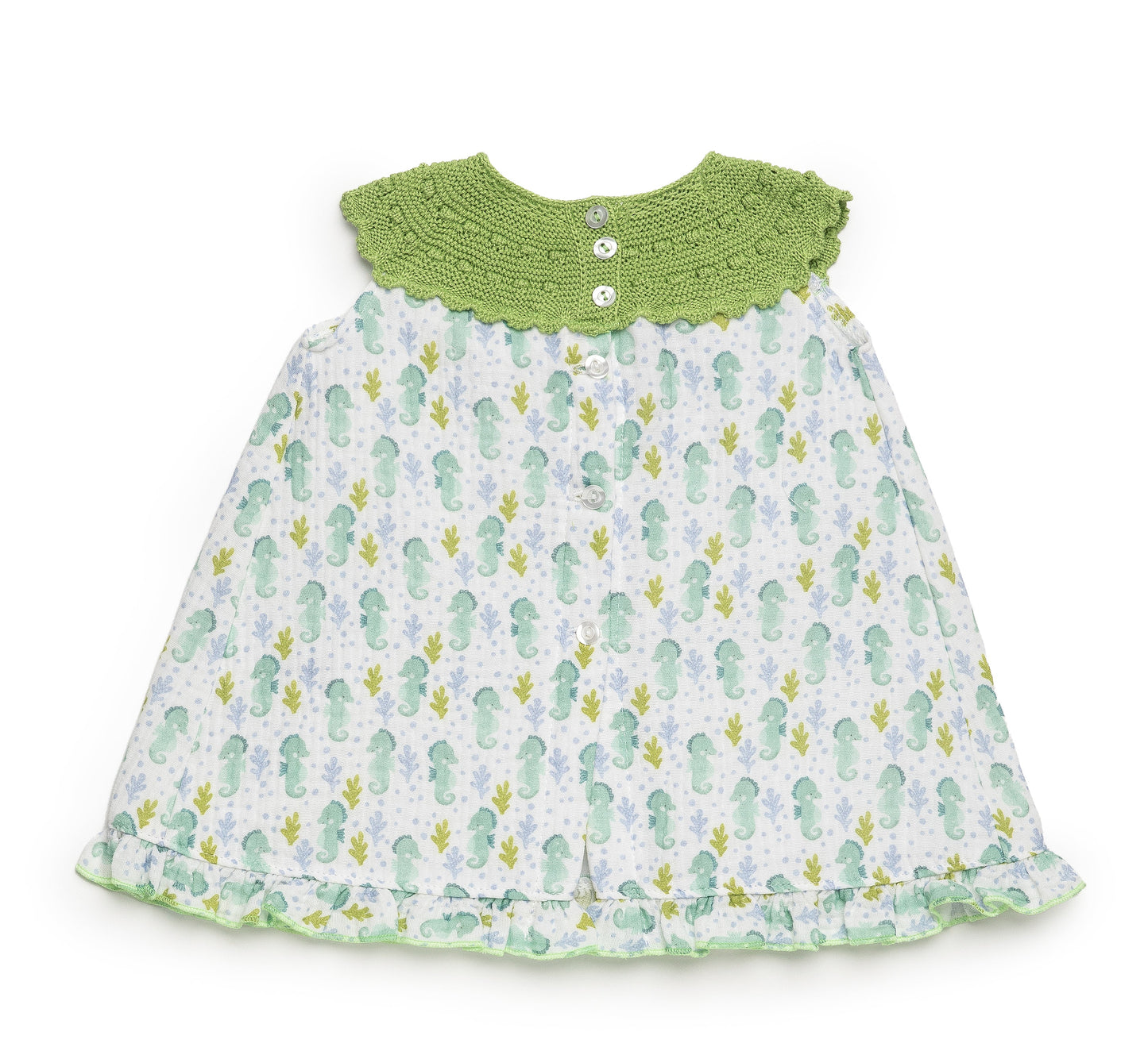 Vestido cuerpo de punto en verde lima y tela de caballitos de mar