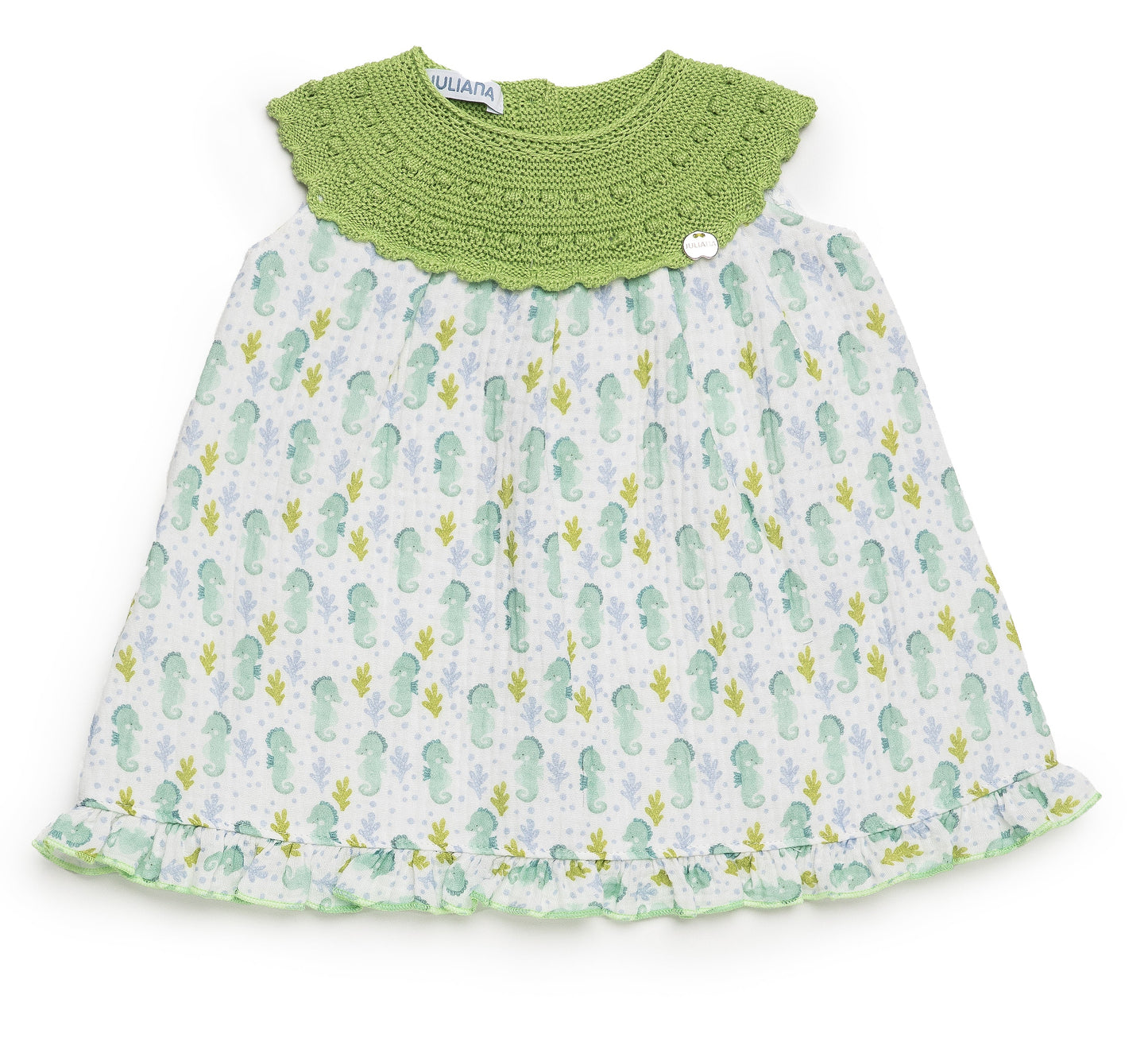 Vestido cuerpo de punto en verde lima y tela de caballitos de mar