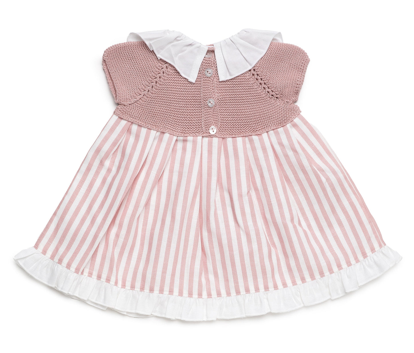 Vestido cuerpo de punto en rosa y cuello, y estampado de rayas en falda