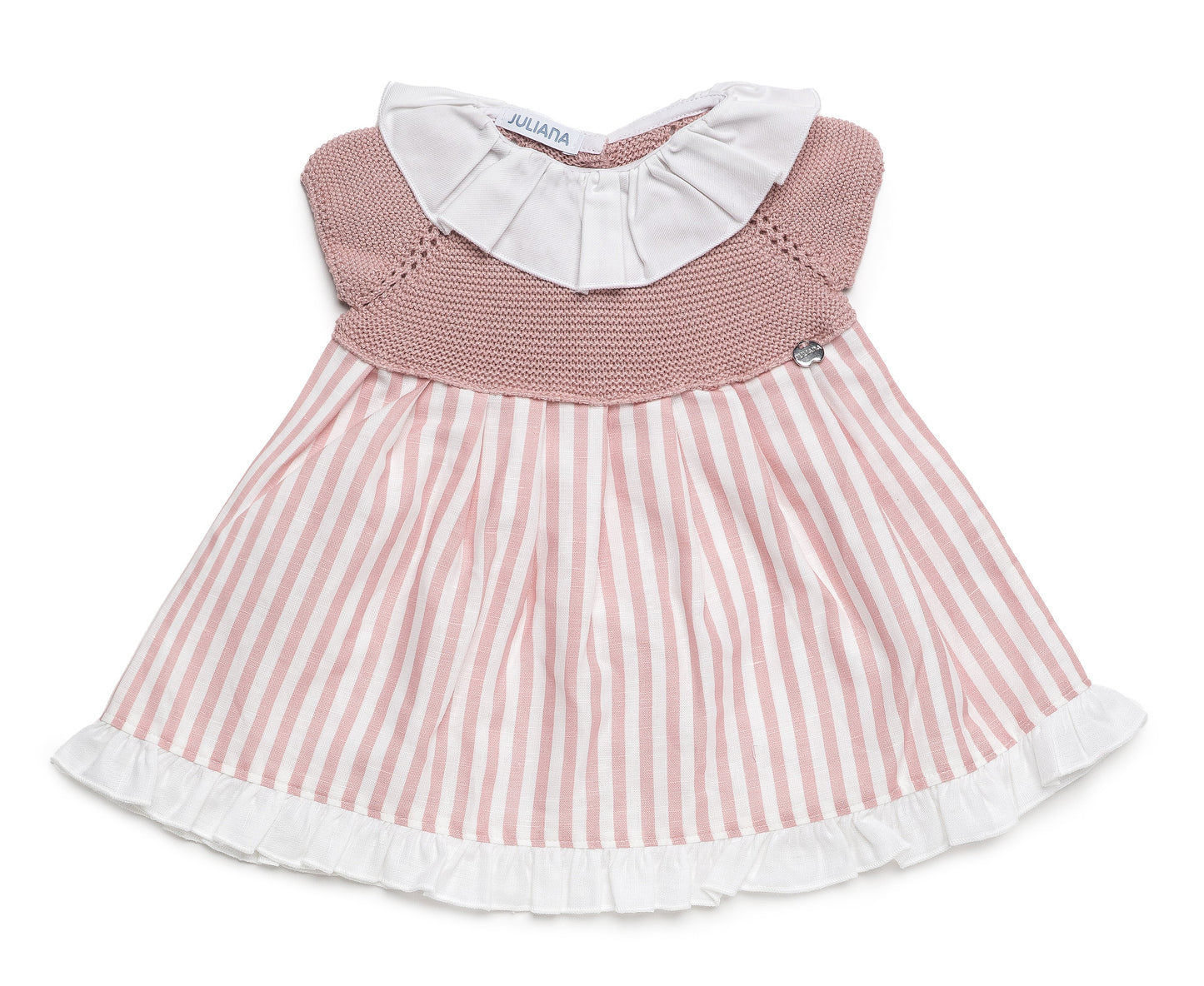 Vestido cuerpo de punto en rosa y cuello, y estampado de rayas en falda