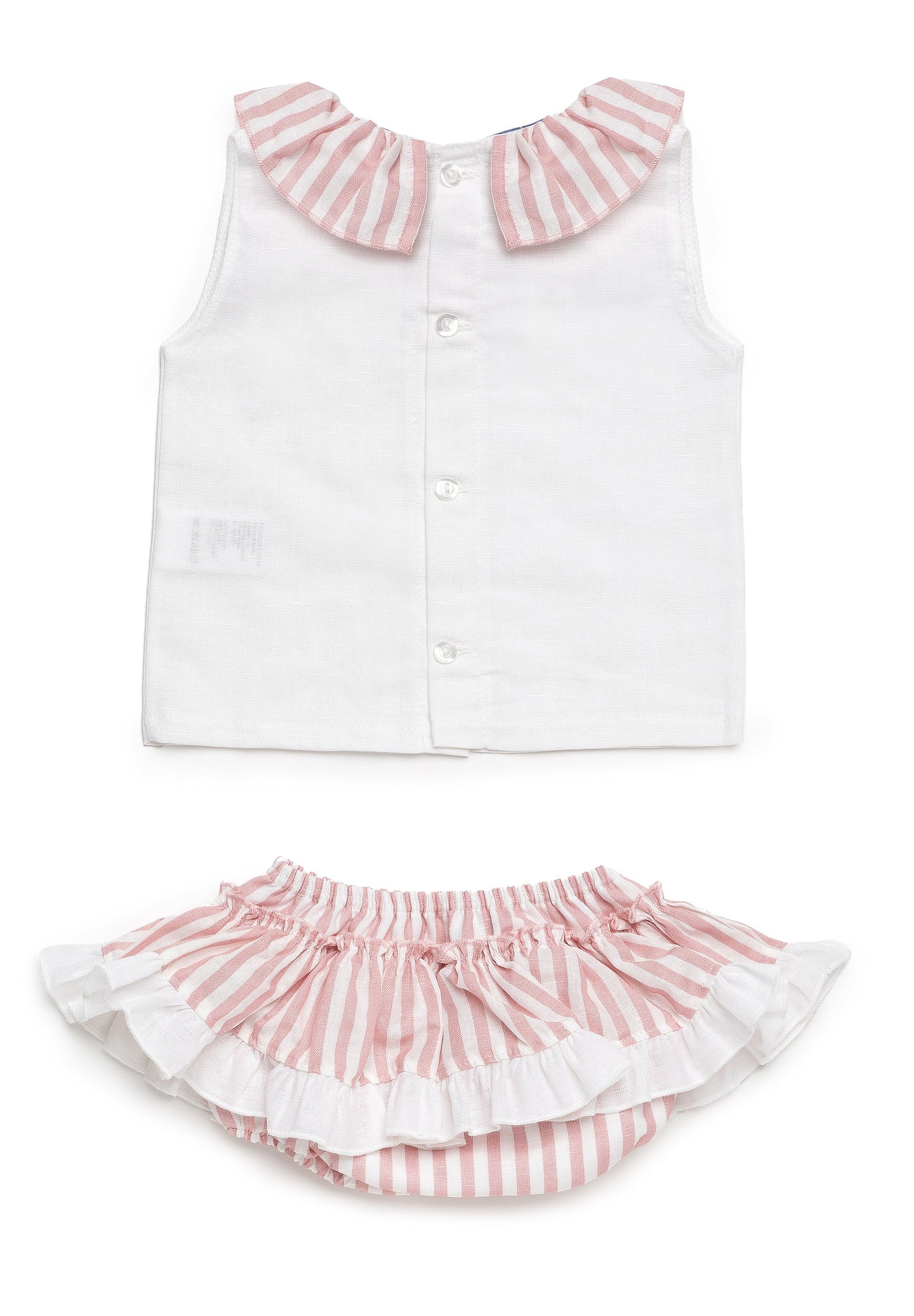 Conjunto de dos piezas con camisa de niña con volante rayado y braguita