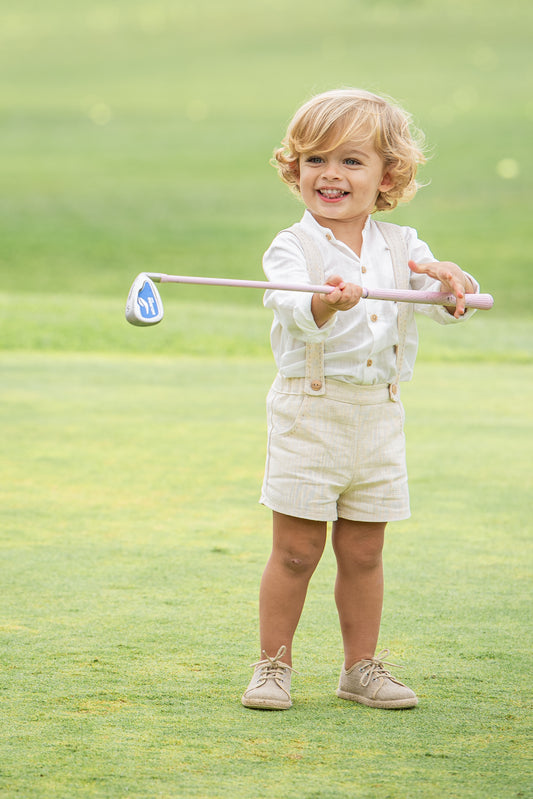 Conjunto bebé manga larga lino con tirantes Porcelánica