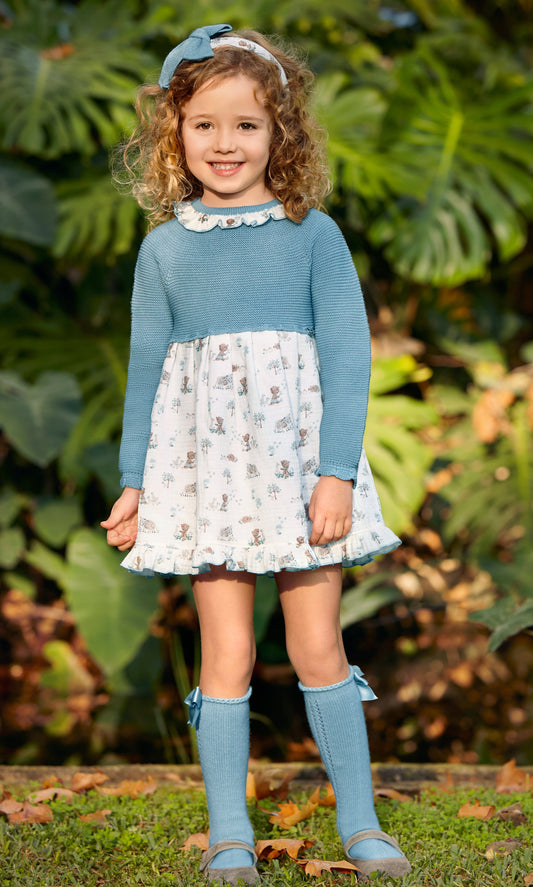 Vestido de punto azul nube y estampado de animalitos