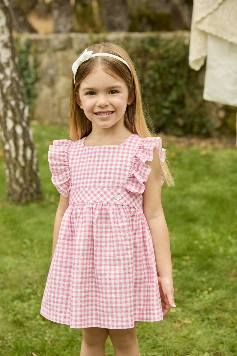 Vestido de bebé niña con microestampado de cuadros Fucsia Martín Aranda