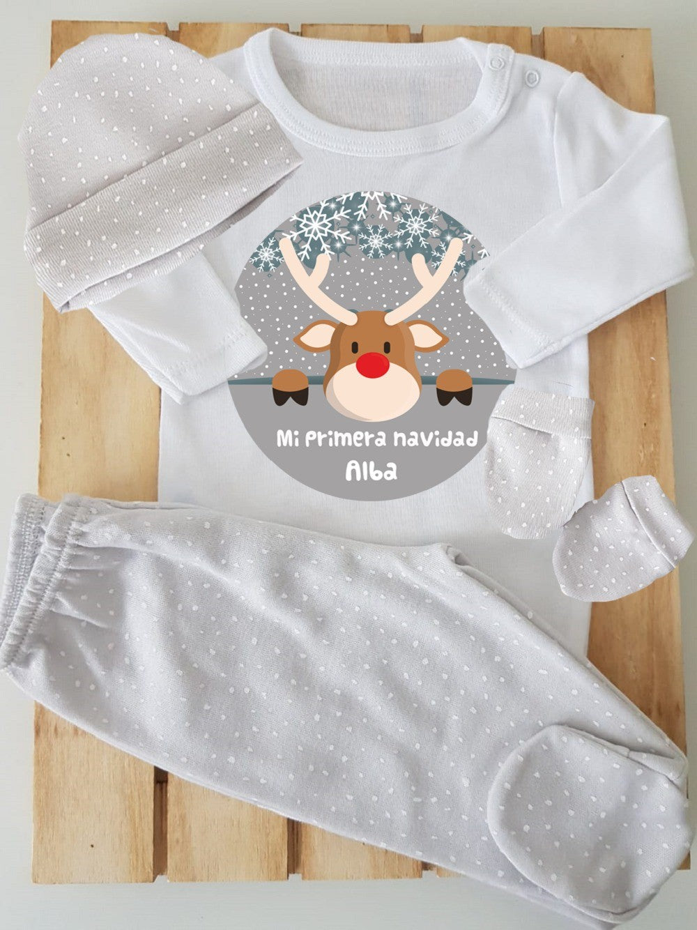 Conjunto con polaina personalizado con gorrito y manoplas - Reno navideño