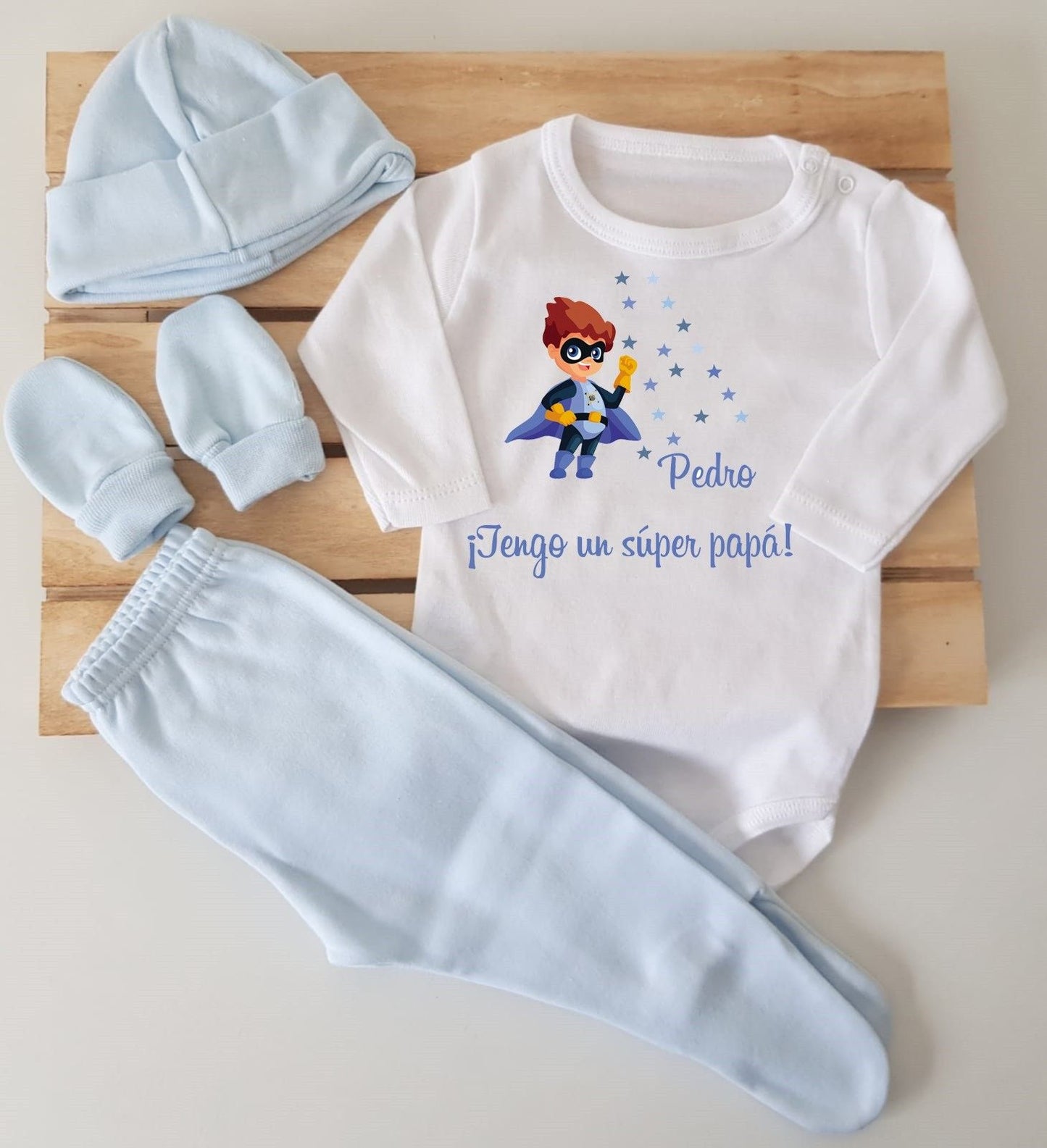 Conjunto completo - Tengo un súper papá con gorrito y manoplas