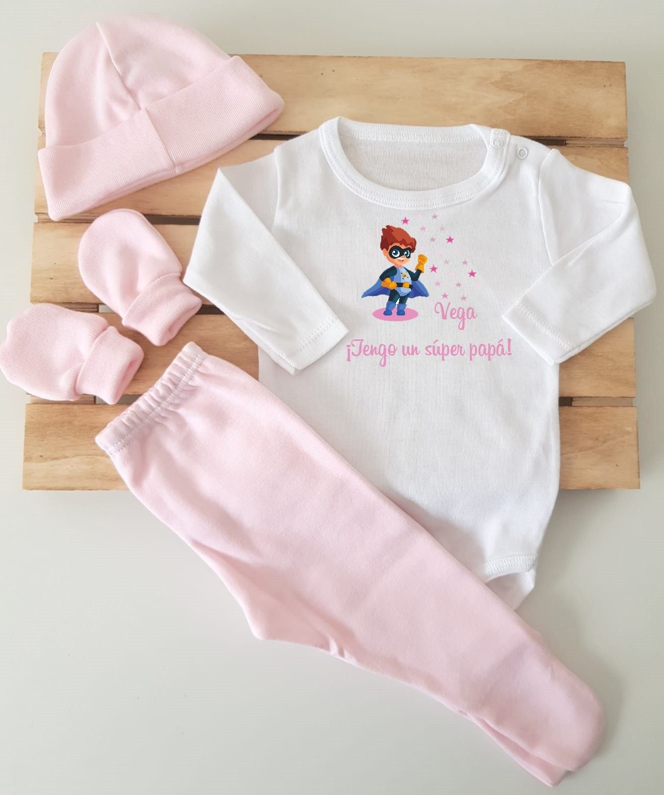 Conjunto completo - Tengo un súper papá con gorrito y manoplas