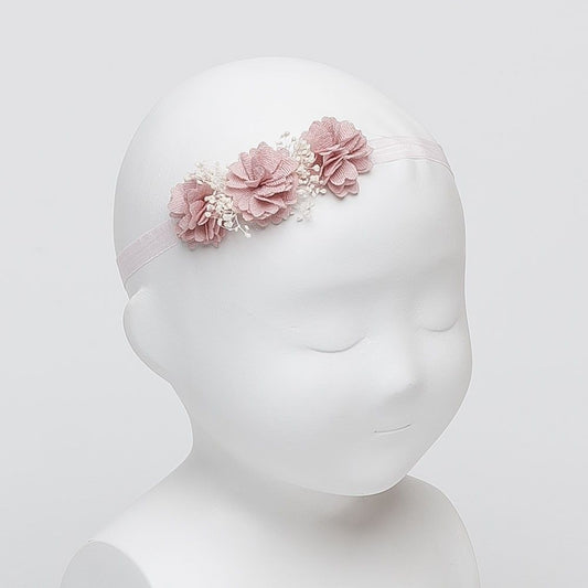 Turbante de bebé con florecitas de bambula y flor seca natural