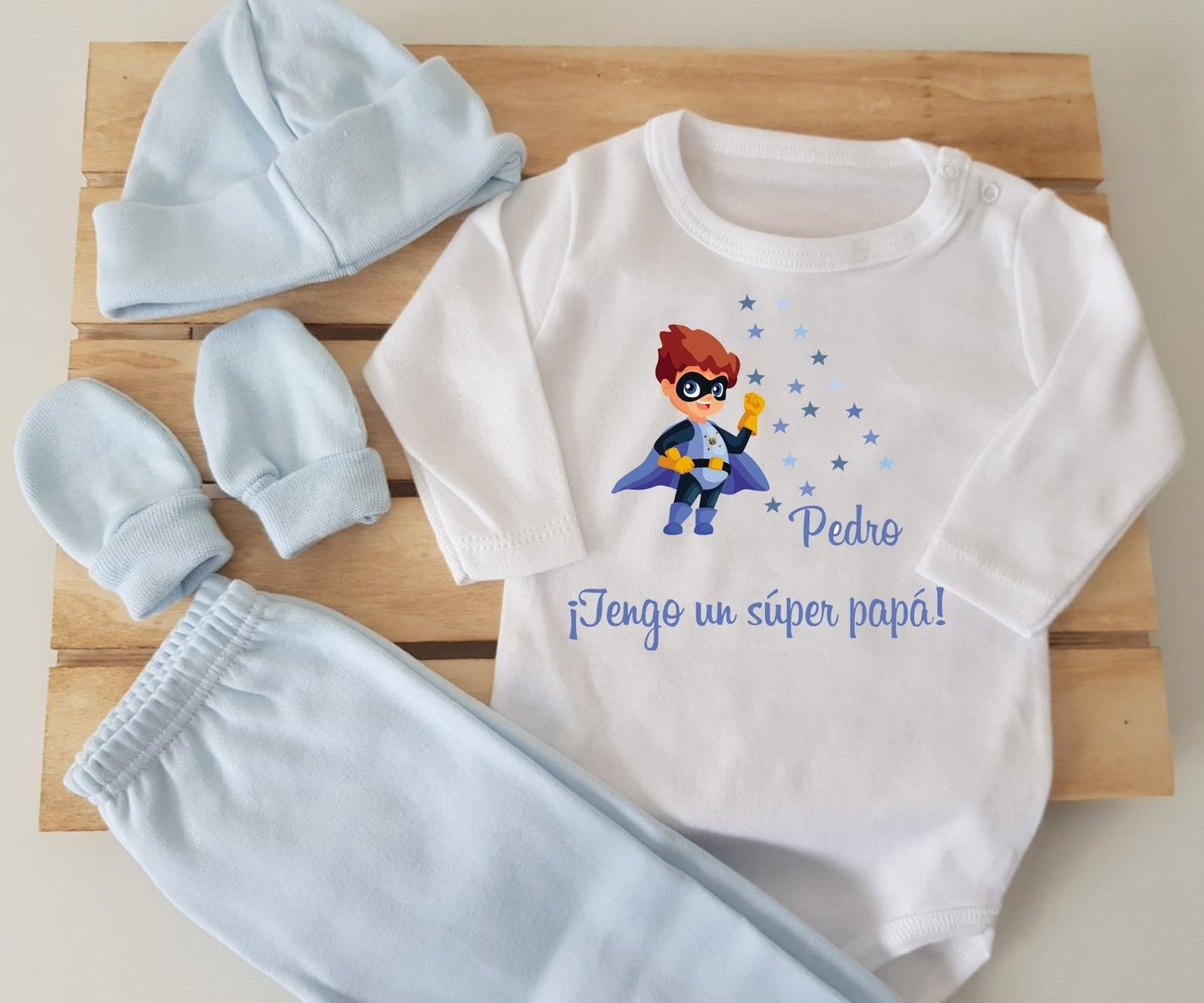 Conjunto completo - Tengo un súper papá con gorrito y manoplas